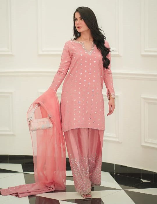 Crafted in premium embroidered raw silk | 3 PC STITCHED by Miryaan Store