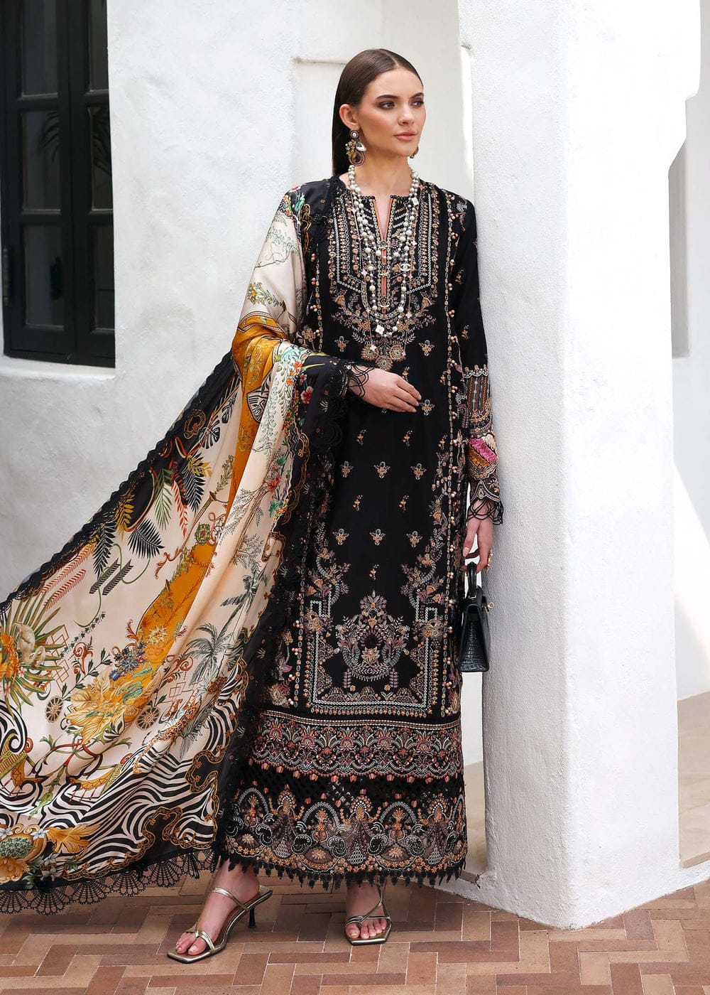Black Stitched lawn embroidery cambric trouser and silk dupatta by Miryaan Store