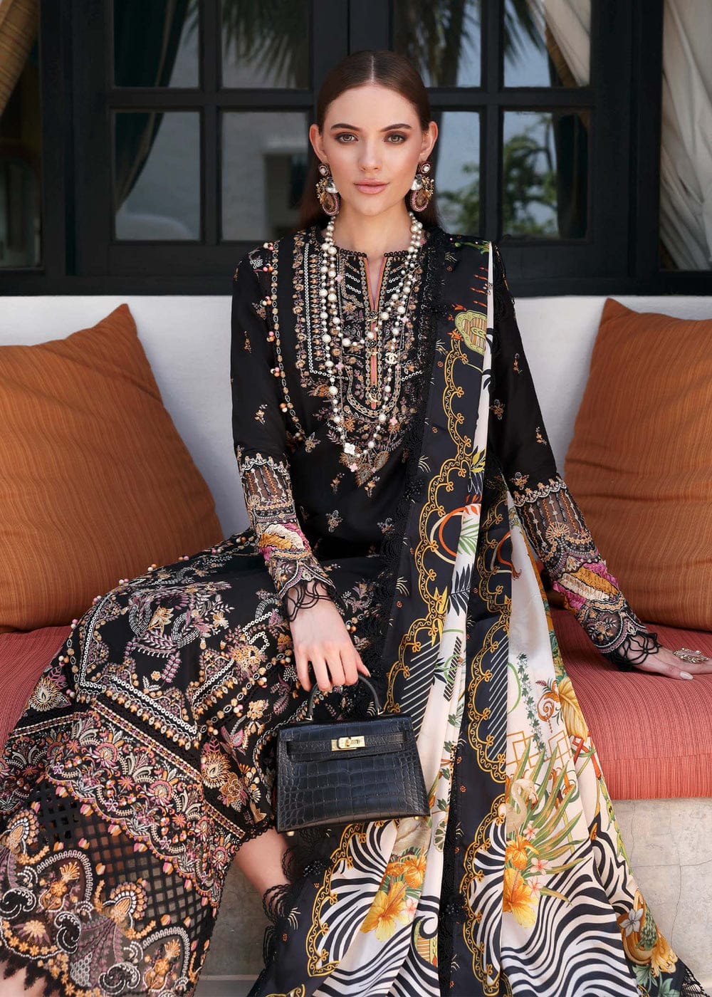 Black Stitched lawn embroidery cambric trouser and silk dupatta by Miryaan Store