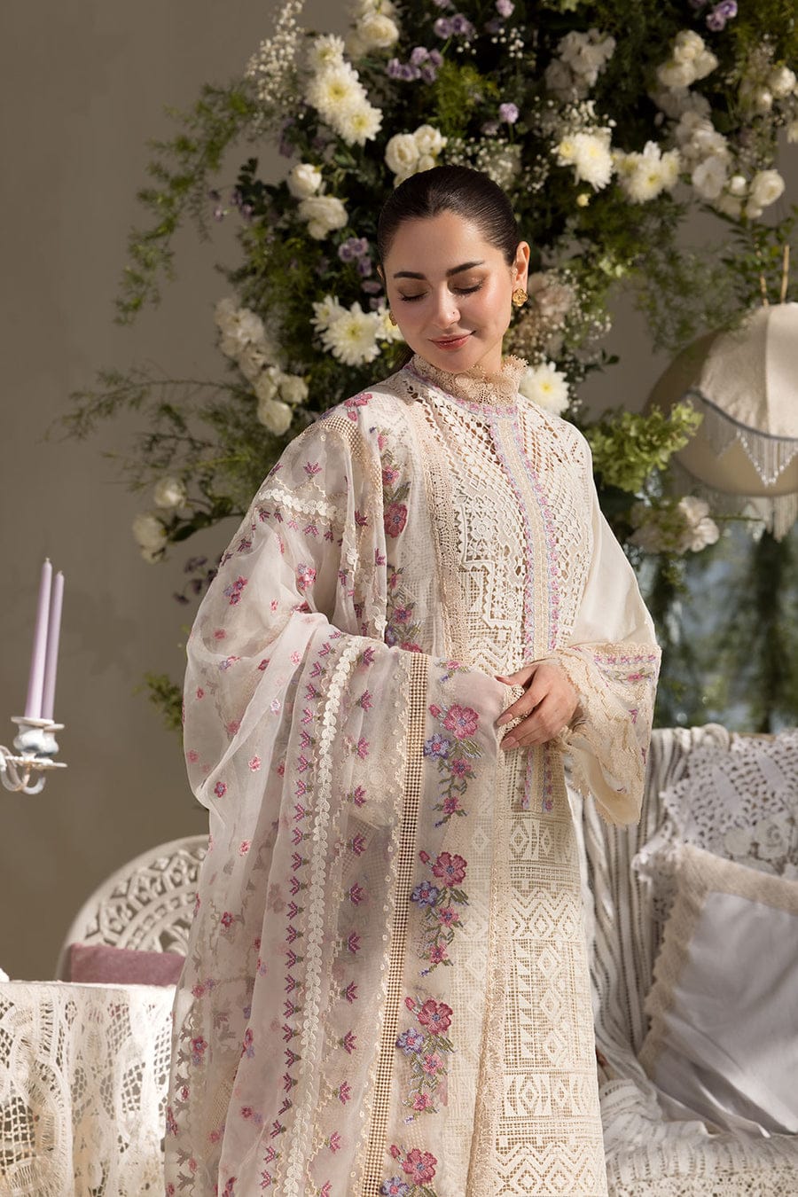 3-piece embroidery lawn suit with crafted dupatta by Miryaan Store