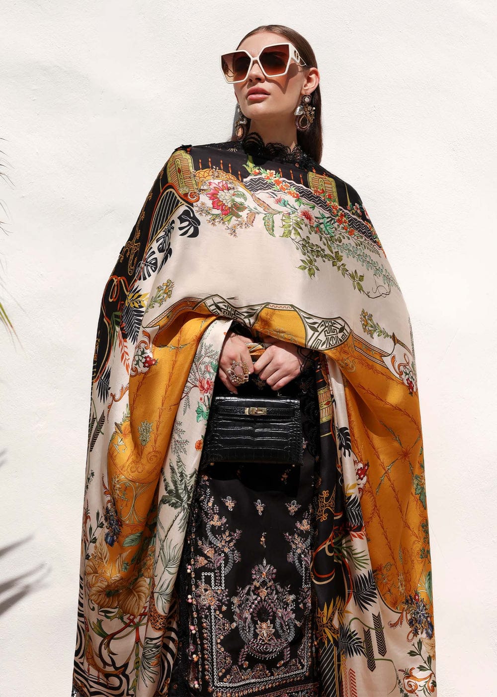 Black Stitched lawn embroidery cambric trouser and silk dupatta by Miryaan Store
