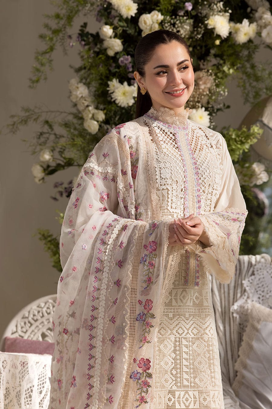 3-piece embroidery lawn suit with crafted dupatta by Miryaan Store