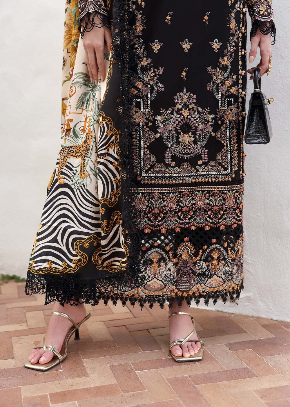 Black Stitched lawn embroidery cambric trouser and silk dupatta by Miryaan Store