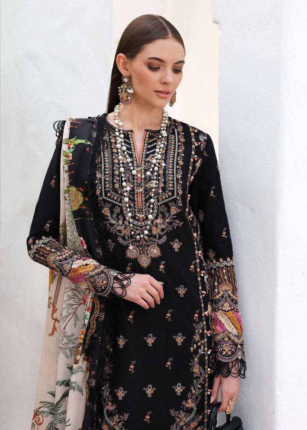 Black Stitched lawn embroidery cambric trouser and silk dupatta by Miryaan Store