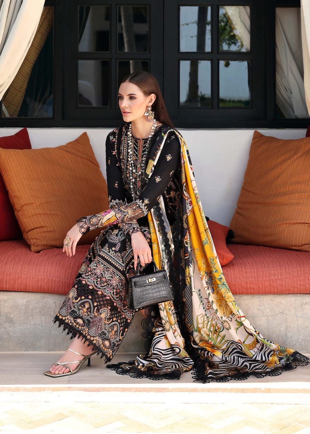 Black Stitched lawn embroidery cambric trouser and silk dupatta by Miryaan Store